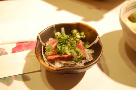Appetizer 1 - Sliced beef sashimi, chewy, just nice and firm